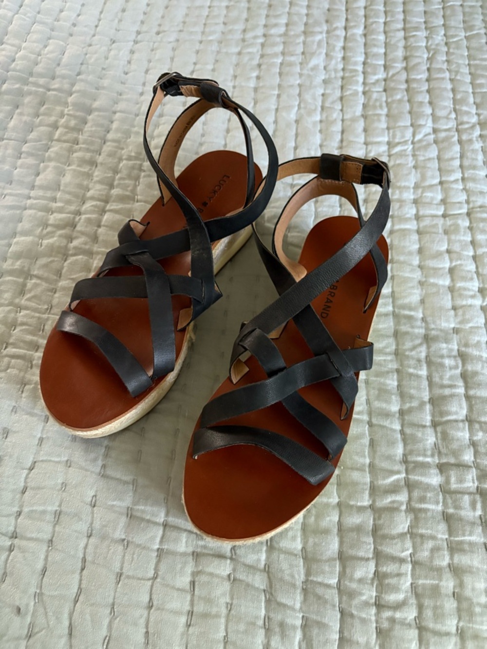 Lucky Brand Black Strappy Espadrille Wedge Sandals